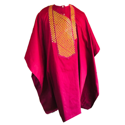 African Outfit Men's Traditional Wear Red & Golden Embrodired Two Piece Set Long Sleeve Top With Trouser