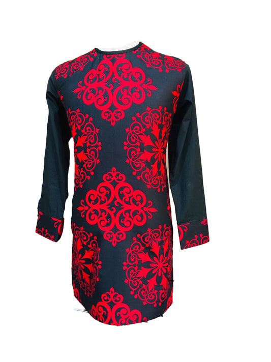 African Outfit Men's Stylish Black & Red Print Long Sleeve Top Shirt