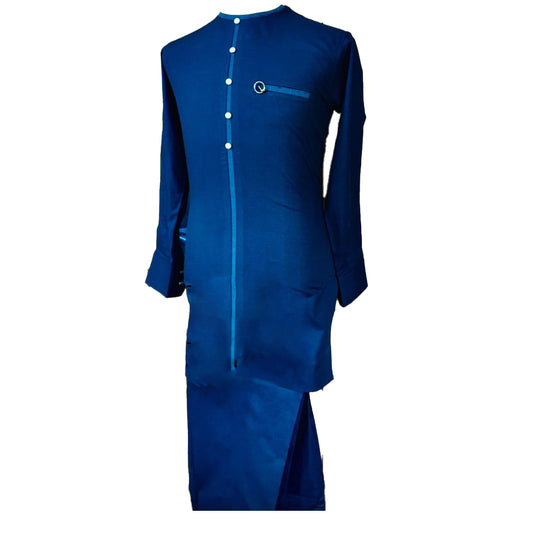 African Outfit Men's Solid Royal Blue Long Sleeve Two Piece Set Top Shirt With Trouser