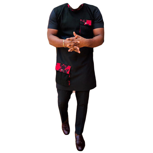African Outfit Men's Solid Black & Red Print Two Pieces Set Short Sleeve Top Shirt With Trouser