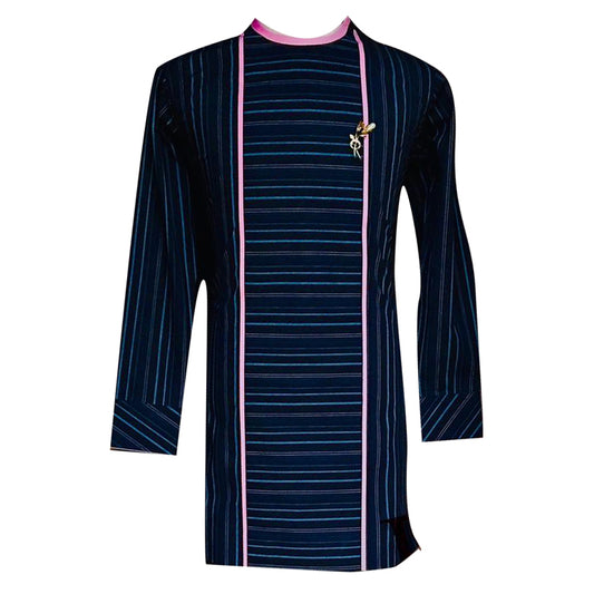 African Clothing Wear Men's Black & Pink Blue Stripes Long Sleeve Top Shirt