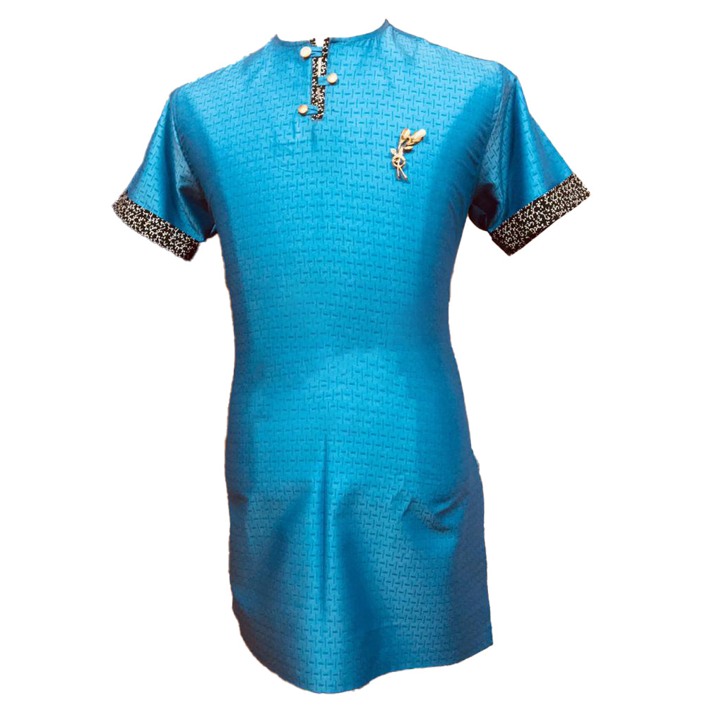 African Clothing Wear Men's Bright Sky Blue Short Sleeve Top Shirt