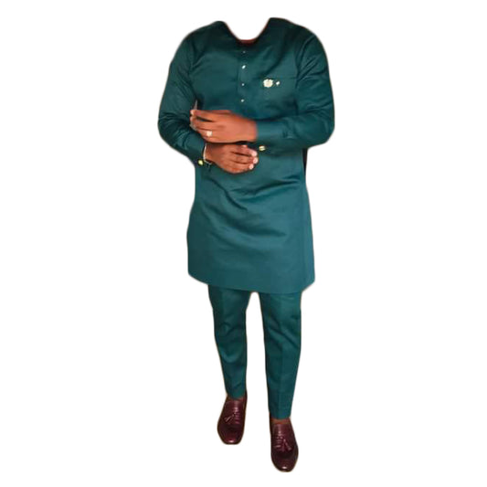 African Traditional Wear Men's Two Piece Set Light Navy Blue Long Sleeve Top Shirt With Trouser