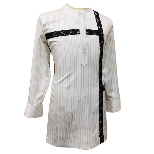 African Clothing Wear Men's White and Black Stripe Long Sleeve Top Shirt