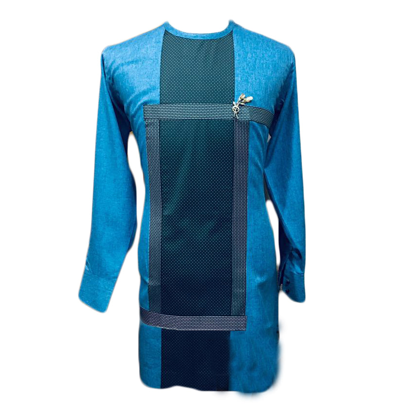 African Outfit Wear Men's Cloudy Deep Aqua & Navy Stripe Long Sleeve Top