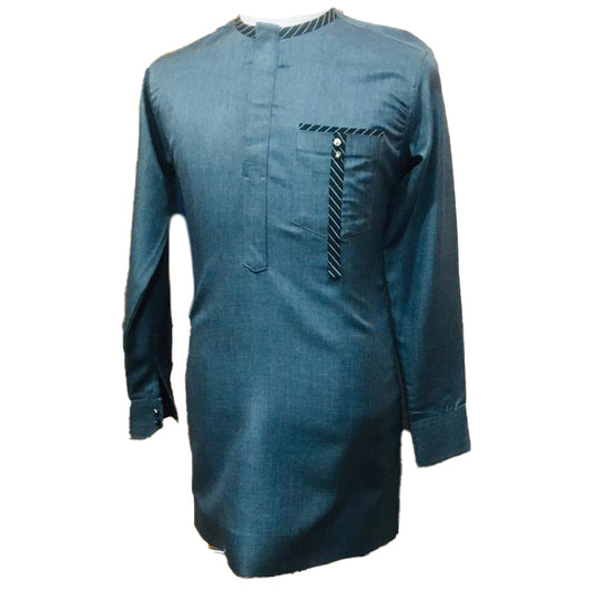 African Clothing Wear Men's Faded Blue Long Sleeve Top Shirt