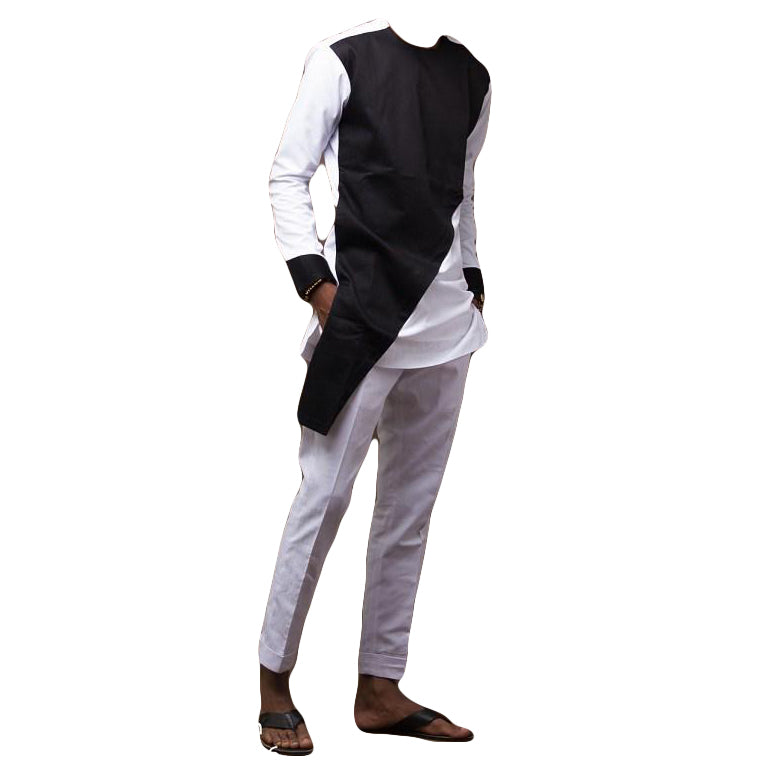 African Clothing Wear Men's Two Piece Set White & Black Long Sleeve Top Shirt With Trouser