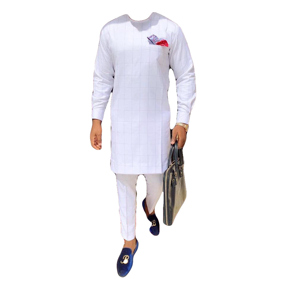 African Clothing Wear Men's Two Piece Set Pure White Long Sleeve Top Shirt With Trouser