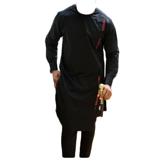 African Clothing Wear Men's Two Piece Set Black Red Stripe Long Sleeve Top Shirt With Trouser