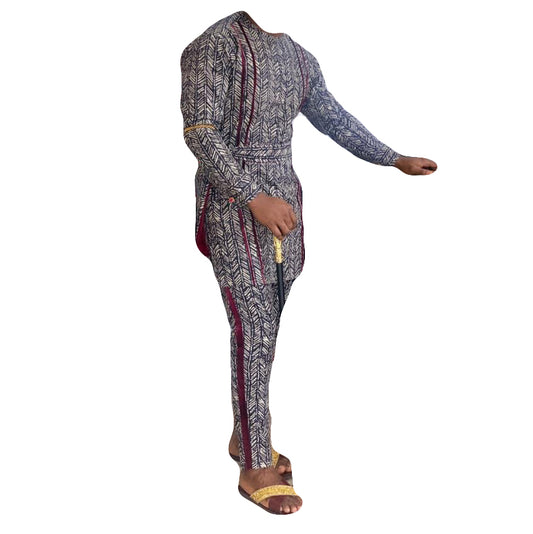 African Clothing Wear Men's Two Piece Set Grey & Maroon Stripe Long Sleeve Top Shirt With Trouser