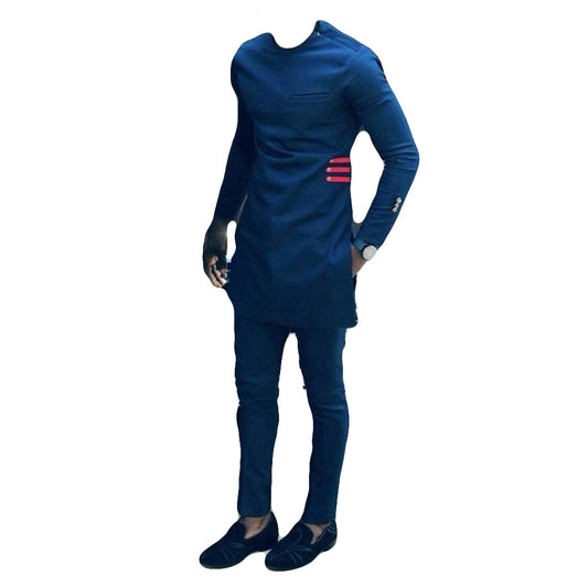 African Clothing Wear Men's Two Piece Set Dark Midnight Blue Long Sleeve Top Shirt With Trouser