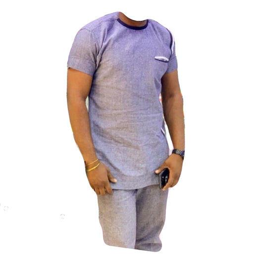 African Clothing Wear Men's Two Piece Set Pastel Purple Short Sleeve Top Shirt With Trouser