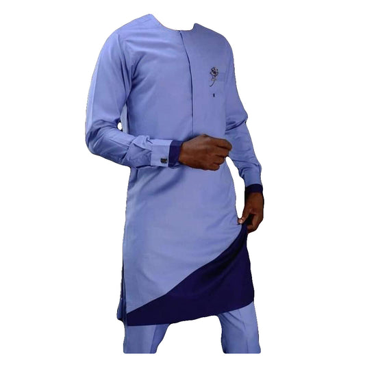 African Clothing Men's Two Piece Set Faded Blue & Black Long Sleeve Top Shirt With Trouser