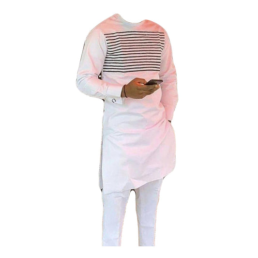 African Clothing Men's Two Piece Set White Black-Stripe Chest Print Long Sleeve Top Shirt With Trouser