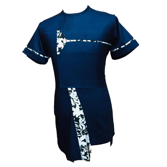 African Traditional Wear Men's Navy And White Print Short Sleeve Top Shirt