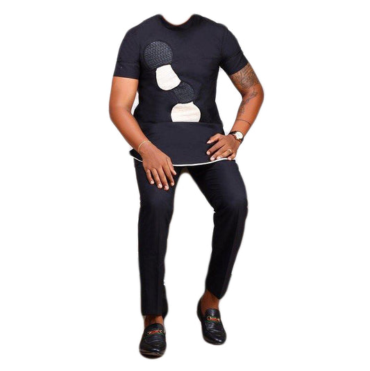 African Clothing Men's Two Piece Set Black Print Short Sleeve Top Shirt With Trouser