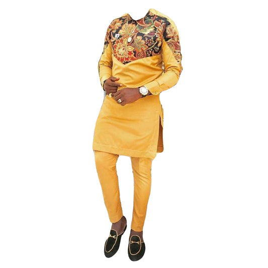 African Clothing Men's Outfits Two Piece Set Yellow Printed Long Sleeve Top Shirt with Trouser