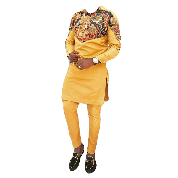 African Clothing Men's Outfits Two Piece Set Yellow Printed Long Sleeve Top Shirt with Trouser