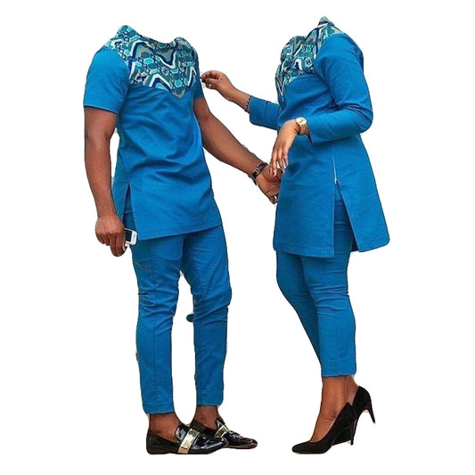 African Men's Clothing Outfits Blue Short Sleeve Top Shirt with Trouser