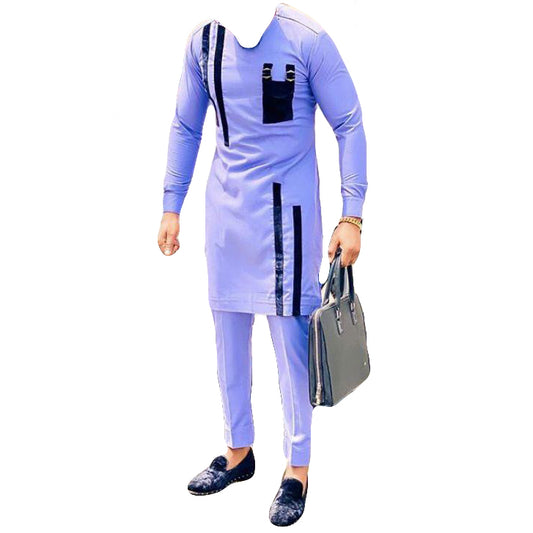 African Men's Outfit 2 Piece Set Purple & Black Stripe Long Sleeve Top Shirt With Trouser