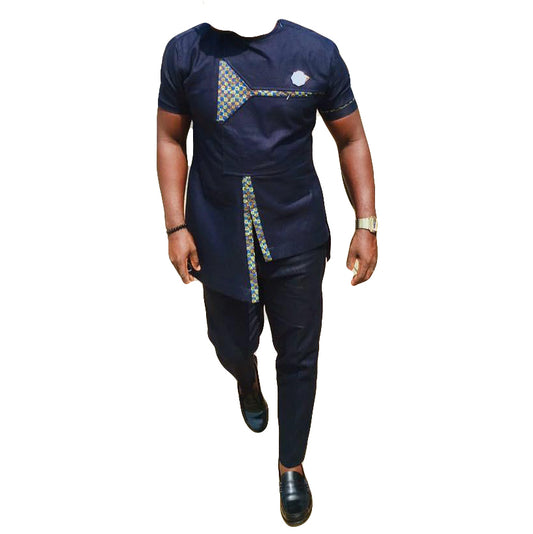 African Men's Outfit 2 Piece Set Casual Navy Unique Short Sleeve Top Shirt With Trouser