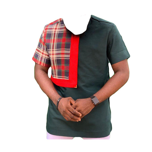 African Men's Outfit Olive & Red-Black Striped Short Sleeve Top Shirt