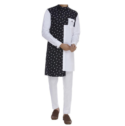 African Men's Outfit 2 Piece Set White & Black Dot Print Long Sleeve Top Shirt With Trouser