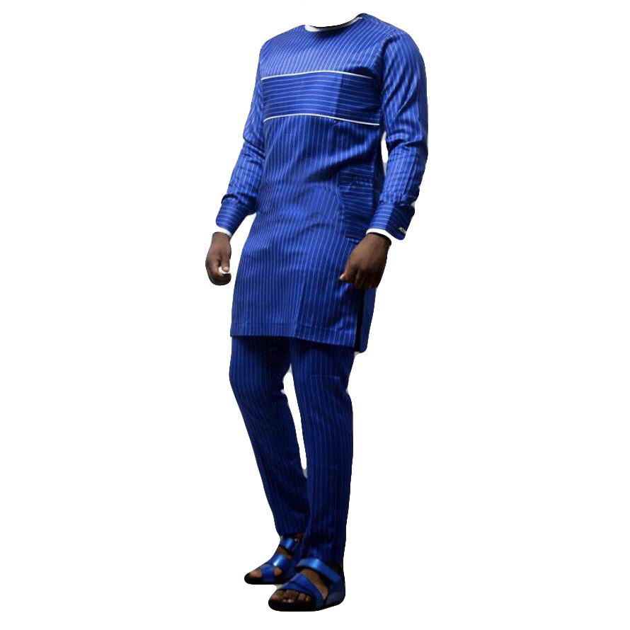 African Men's Outfit 2 Piece Set Sapphire Blue Long Sleeve Top Shirt With Trouser