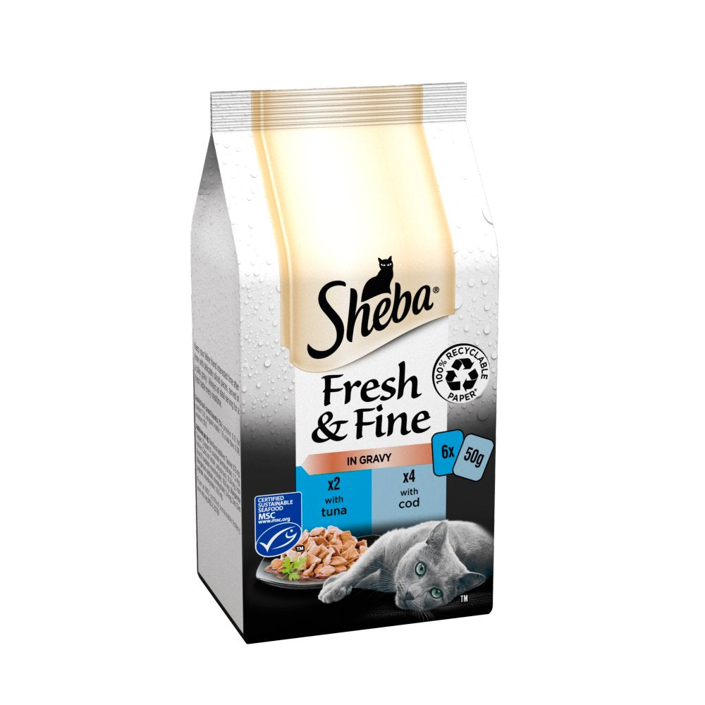 Sheba Fresh & Fine Wet Cat Food Pouches Tuna & Cod in Gravy 6 x 50g