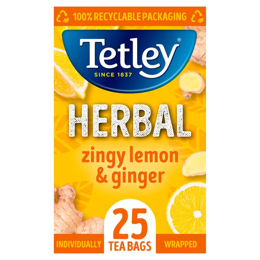 Tetley Herbal Zingy Lemon & Ginger 25 Compostable Tea Bags 50g
