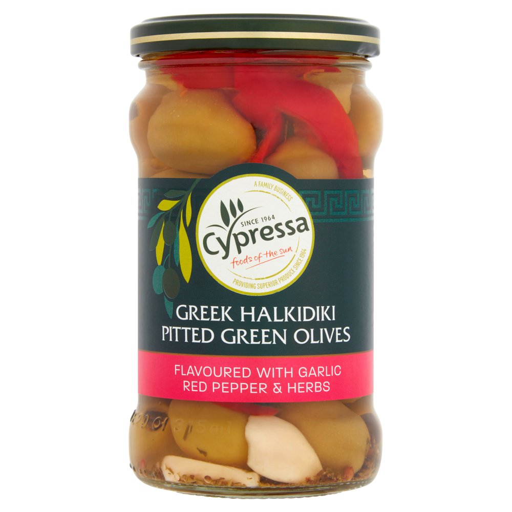 Cypressa Greek Halkidiki Pitted Green Olives Flavoured with Garlic Red Pepper & Herbs 315g