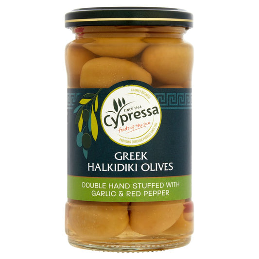 Cypressa Greek Halkidiki Olives Double Stuffed with Garlic & Red Pepper 315g