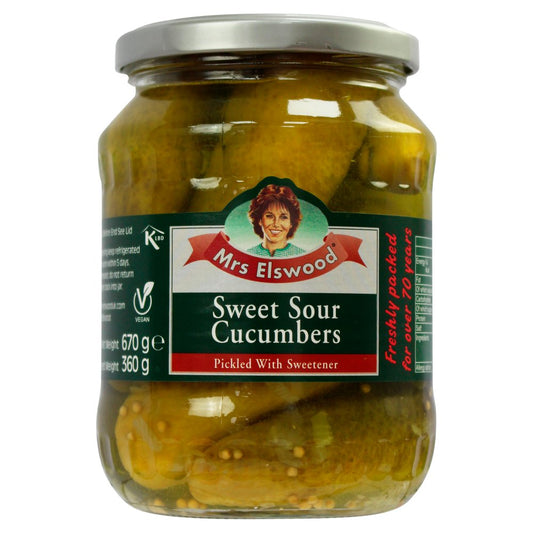 Mrs Elswood Sweet Sour Cucumbers Pickled with Sweetener 670g