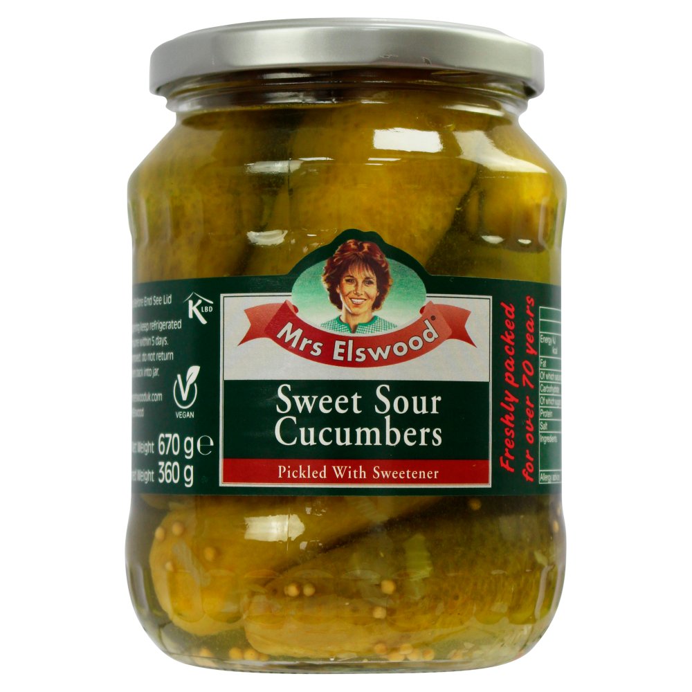 Mrs Elswood Sweet Sour Cucumbers Pickled with Sweetener 670g