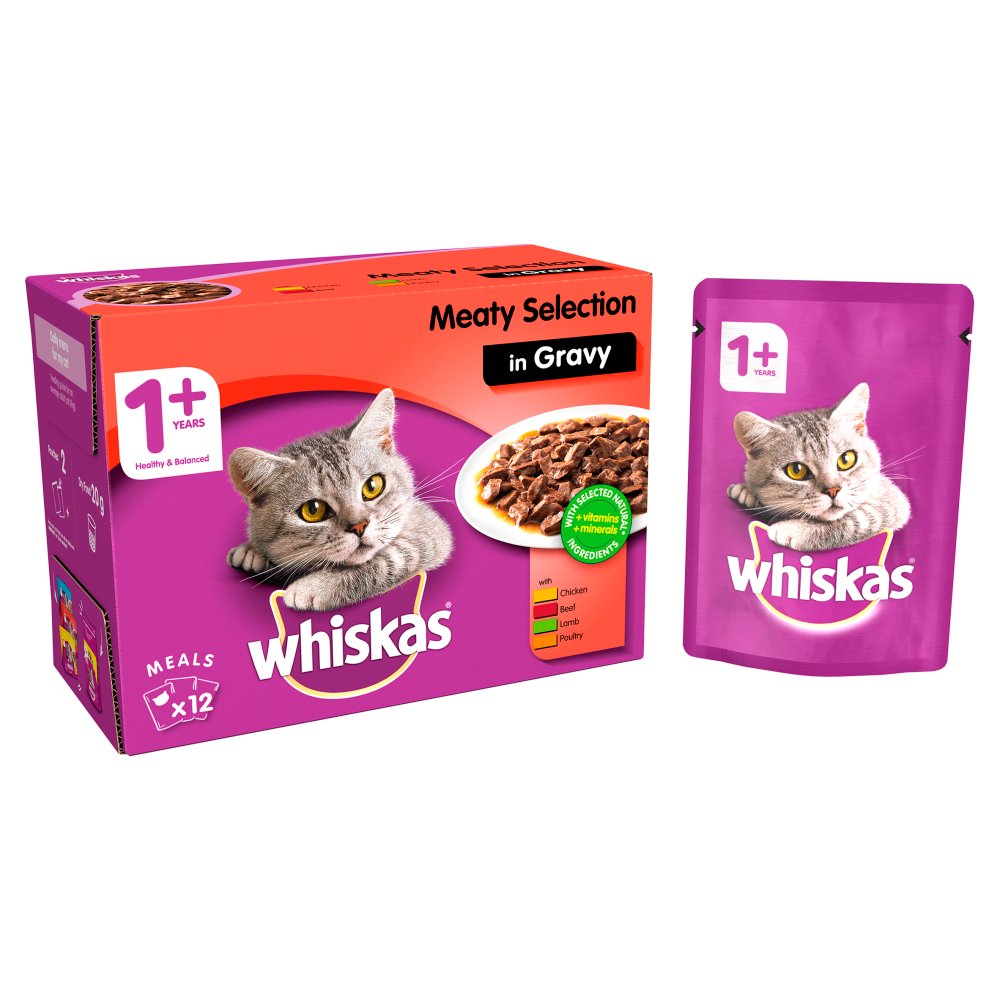 Whiskas Adult Wet Cat Food Pouches Meat in Gravy 12 x 100g