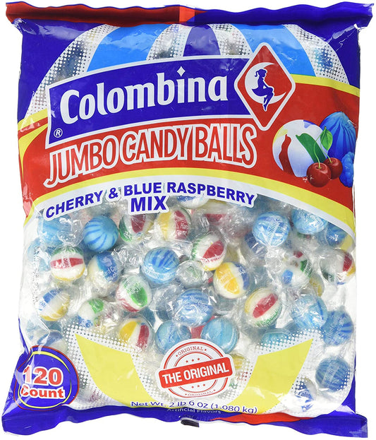 Colombina Jumbo Candy Balls Cherry & Blue Raspberry ?120 count Box of 16