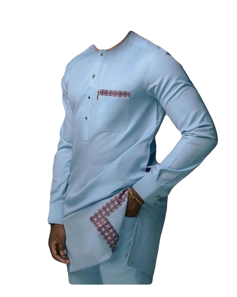 African Art Wear Men's Clothing Long Sleeve 2 piece Set Jeans Blue Top Shirt With Matching Pant