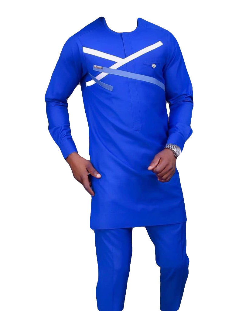 African Art Wear Men's Clothing Long Sleeve 2 piece Set Blue & White Stripe Top Shirt With Matching Pant