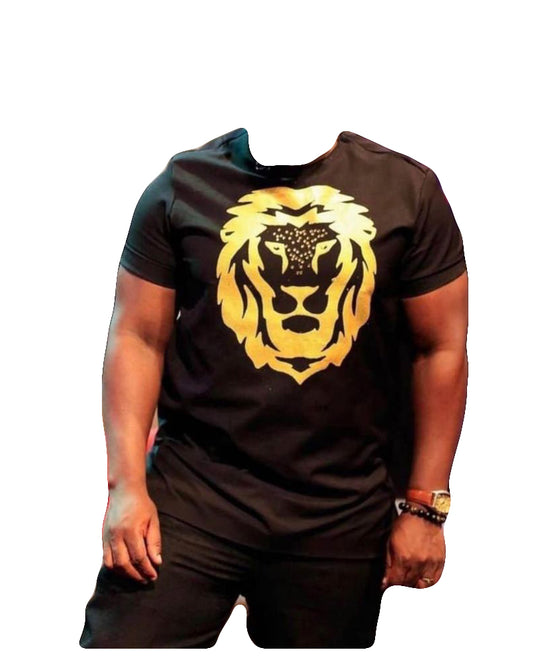 African Men's Wear Clothing Short Sleeve Black & Golden Lion Face Graphic Top Shirt