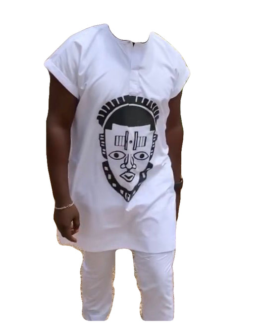 African Art Wear Men Outfit Short Sleeve Two Piece Set Top White & Black Graphic T-Shirt