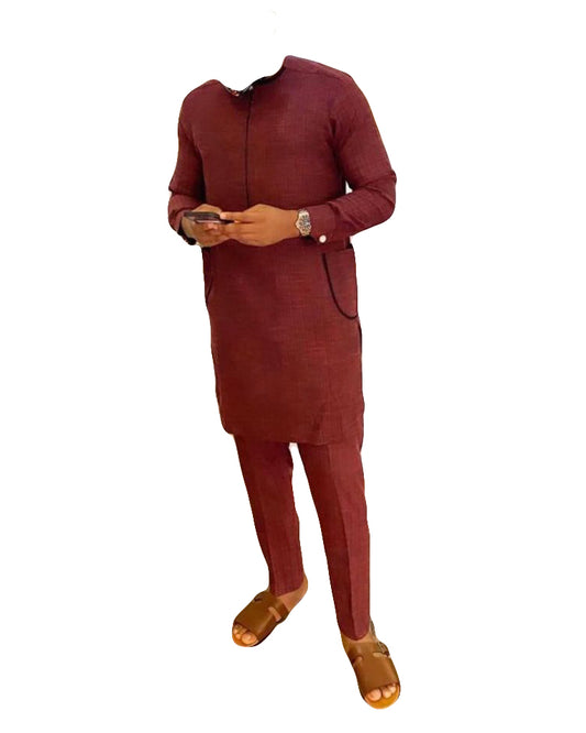 African Art Wear Men Long Sleeve two Piece Set Top Solid Maroon Shirt & Matching Trouser
