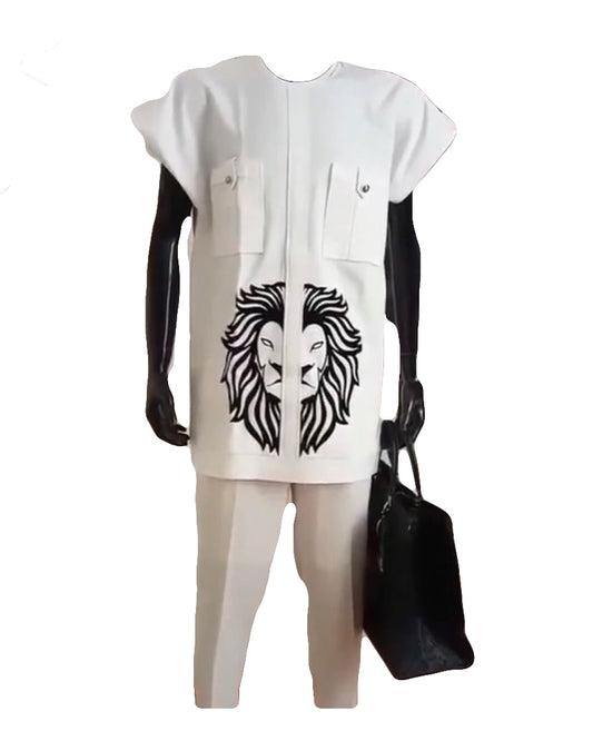 African Art Wear Men Short Sleeve two Piece Set Top White & Black Lion face Graphic shirt & Trouser