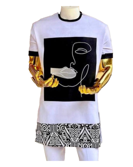 African Art Wear Men Short Sleeve Top White & Black Unique Design Graphic t-shirt
