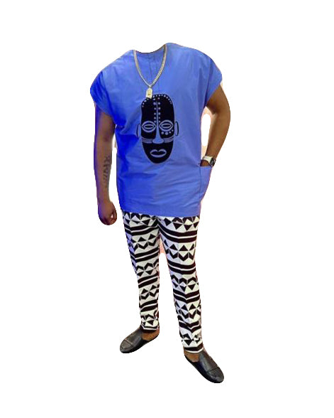 African Art Wear Men Short Sleeve Top Blue & Black Man Face Graphic t-shirt