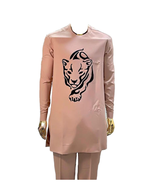 African Art Wear Men Short Sleeve Top Rose Pink And Black Tiger Graphic Long shirt