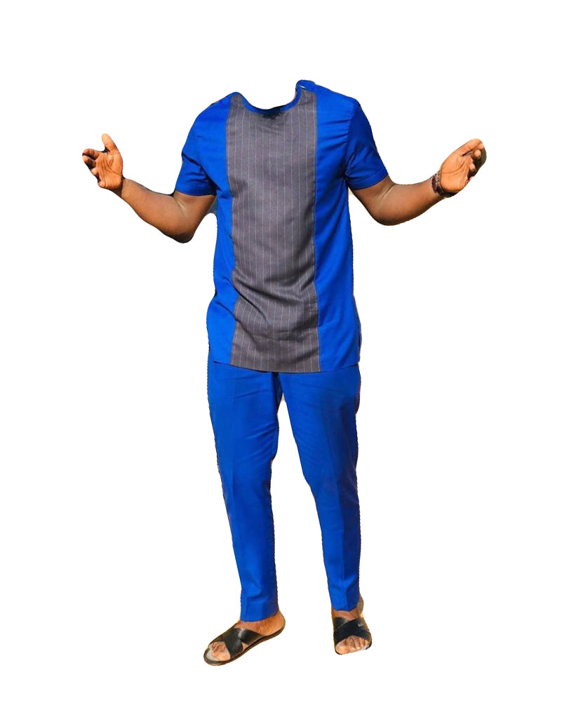 African Art Wear Men Short Sleeve Two Piece Set Top Blue And Grey Stripe T-shirt And Trouser