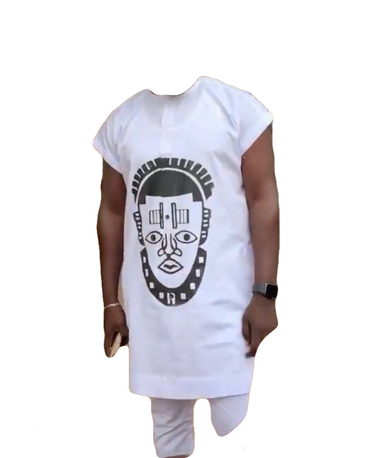 African Art Wear Men Short Sleeve Top White And Black Ancient Face Graphic Print T-shirt