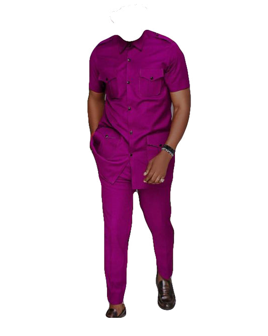 African Art Wear Men's Clothing Short Sleeve Pure Deep Red Casual Top Shirt With Matching Pant