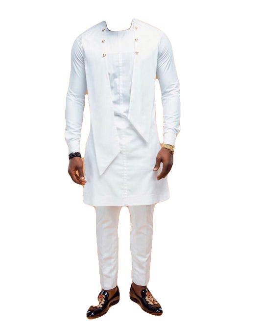 African Art Wear Men's Clothing Two Piece Set Long Sleeve Solid White Casual Top Shirt With Matching Pant