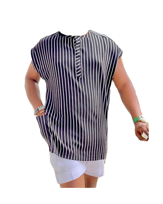 African Art Wear Men's Clothing Short Sleeve Black & White Stripe Top Shirt